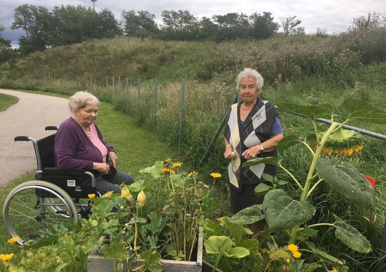 Zwei Bewohner*innen vor dem Zucchinibeet