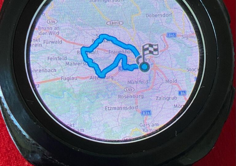 Streckenangabe der gefahrenen Kilometer auf Smartwatch.