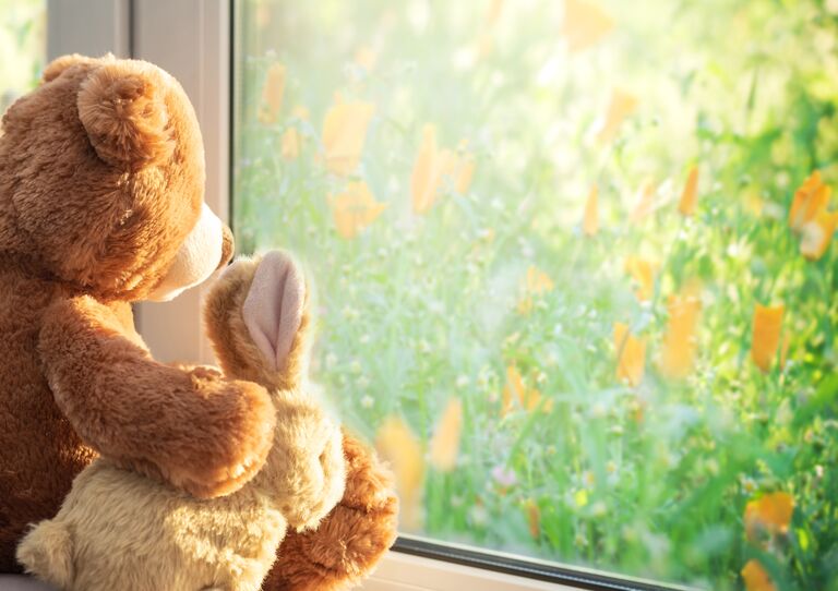 Teddybär und Kuschelhase blicken aus dem Fenster
