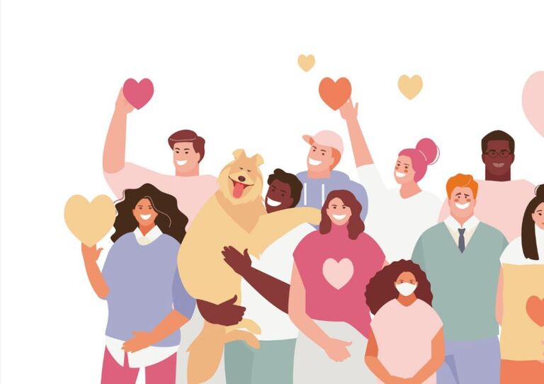 Illustration: Gruppe von Menschen, freudig, steht zusammen und alle halten ein Herz hoch.