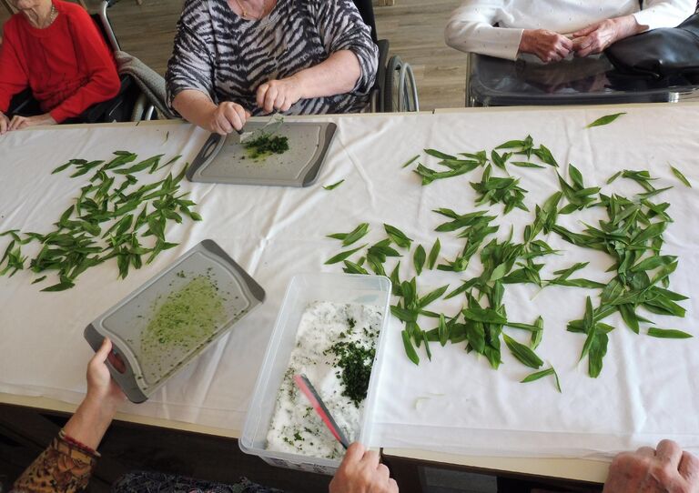 Bewohner*innen Hände schneiden den Bärlauch klein.