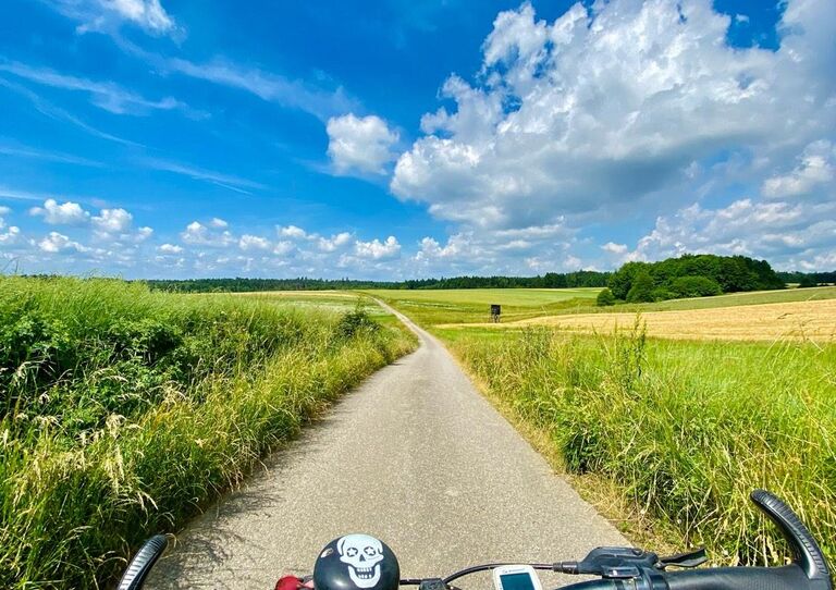 Fahrrad steht auf einem Forstweg zwischen zwei Wiesen. Schönes Wetter.