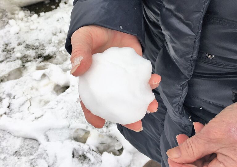 Die Hand einer Bewohnerin mit Schneeball.