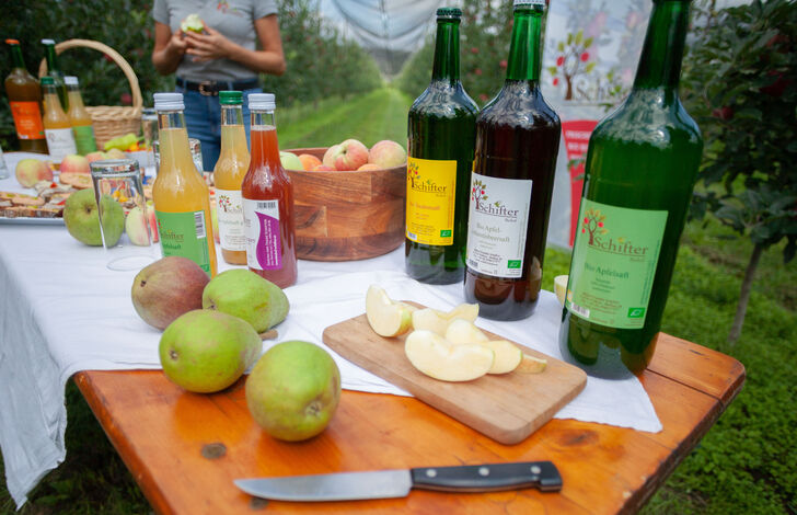Alle Produkte von Schifter auf einem Tisch: Äpfel und verschiedene Fruchtsäfte