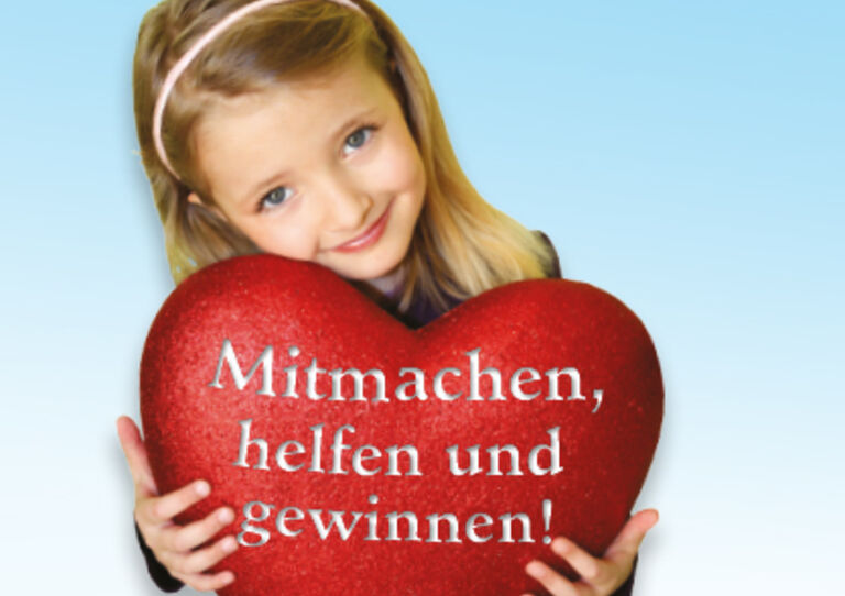 Ein Werbesujet der Sommerlotterie, auf dem ein Mädchen zum Mitmachen, Helfen und Gewinnen aufruft.