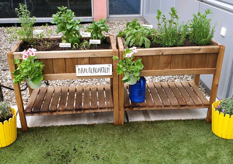 Die Terrasse im HB Seeböckgasse in voller Blüte.