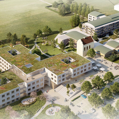 Schaubild von Clementinum Neuerrichtung Schaubild von Clementinum Neuerrichtung: Moderner Neubau im Grünen, mit begrüntem Dach.